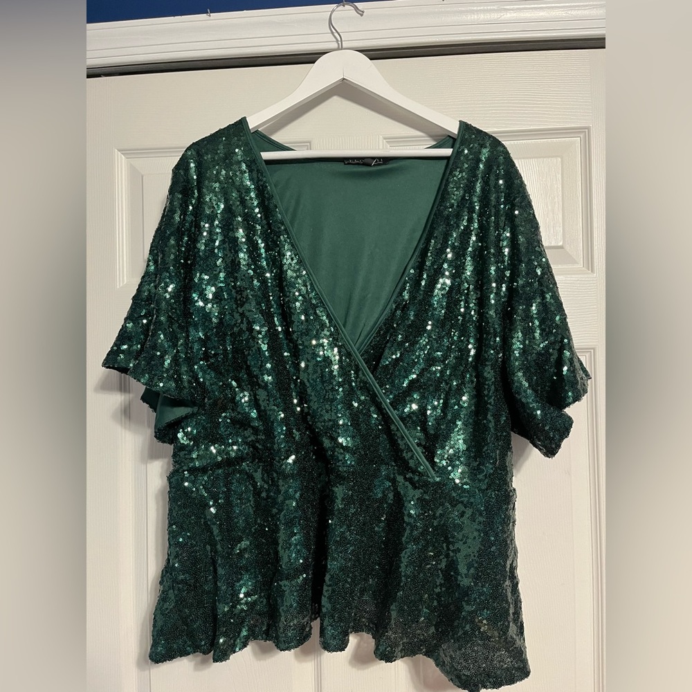 Eloquii Sequin Peplum Top - Emerald Green
